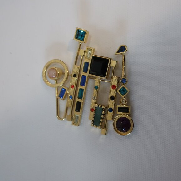Women Patricia Locke Gold-Toned Multi Crystal Gems Abstract Modernist Brooch Pin - Picture 2 of 5